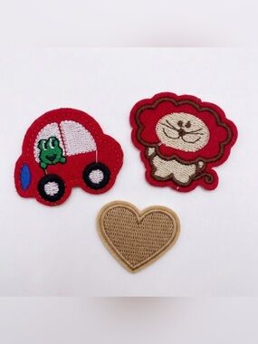 Set of 3 Embroidered Iron On Patches Red Car Frog Lion Heart Retro